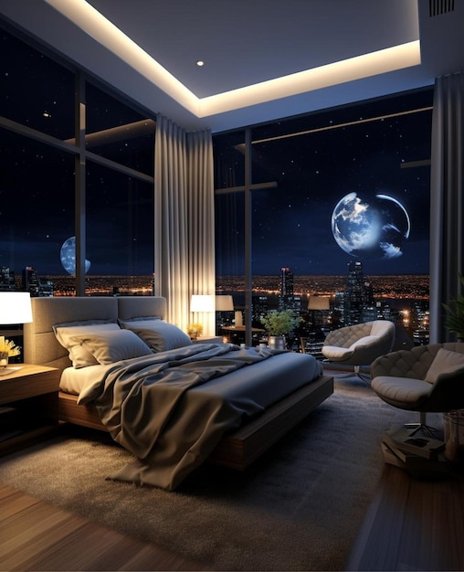 modern and fashionable model room night view 3d rendering