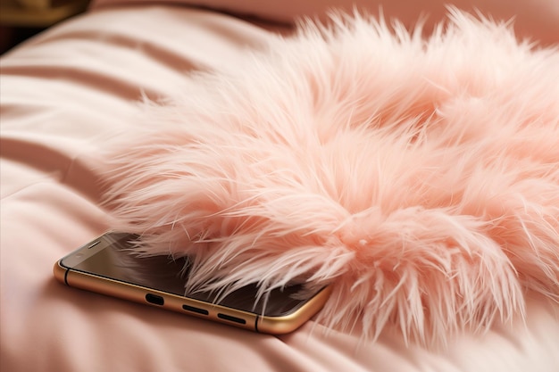 現代的なファッショナブルなスマートフォンは豪華な毛皮の枕で覆われたベッドの上に横たわっています
