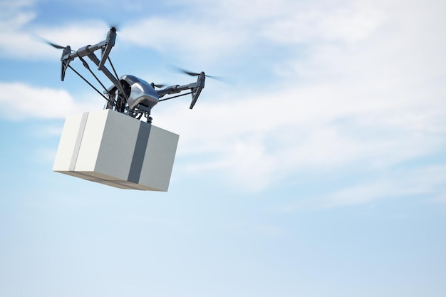 Modern fast delivery service with flying drone and cardboard parcel at blue sky background fast delivery concept 3D rendering