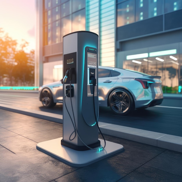 Modern fast electric vehicle chargers for charging car in park