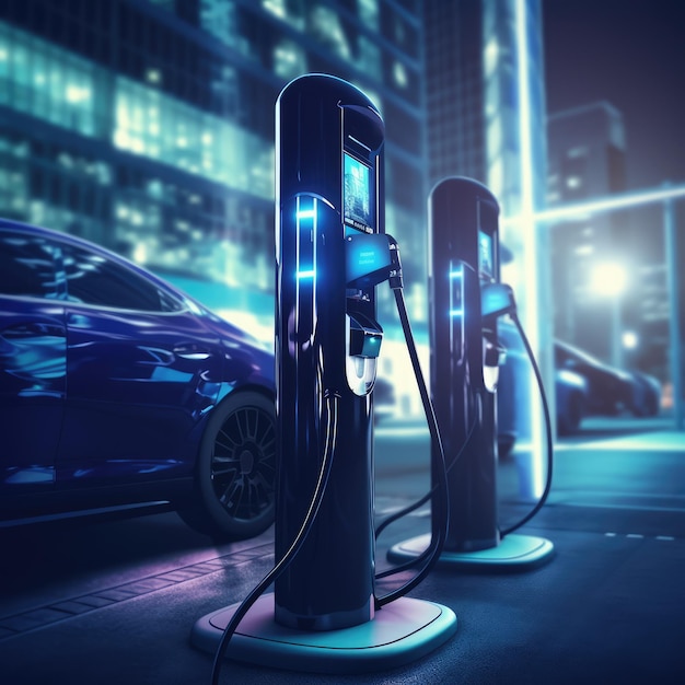 Modern fast electric vehicle chargers for charging car in park