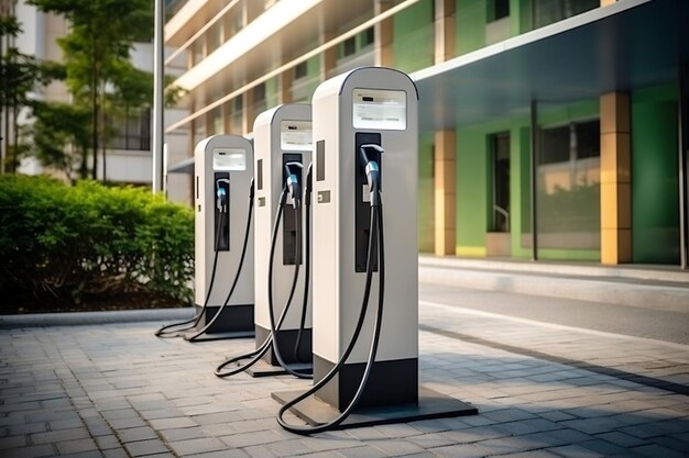 Modern Fast Electric Vehicle Chargers Station in Action Generative Ai