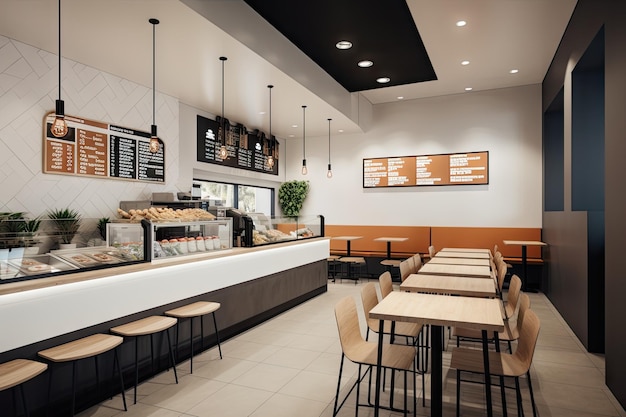 Modern fastfoodrestaurant met strakke strakke lijnen en minimalistische esthetiek