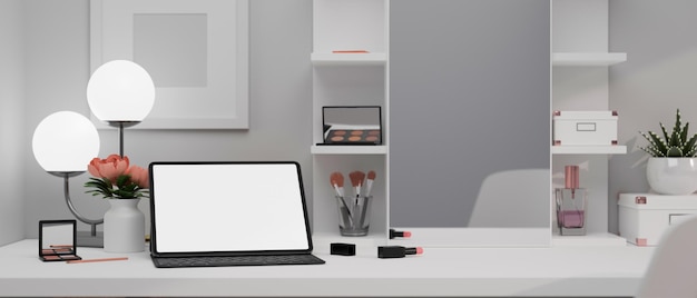 Modern feminine home working desk with tablet mockup stylish\
table lamp face makeup stuff