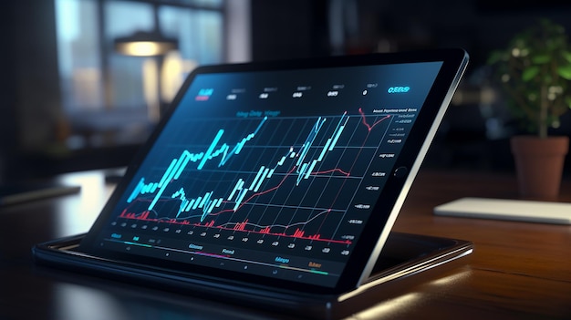 Modern finance tablet mobile diagram and digital success report on blue background Generative AI