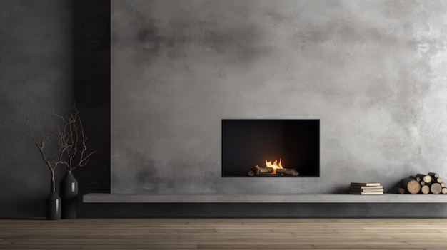 Modern Fireplace Design On Gray Wall With Smokey Background