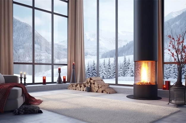 modern fireplace in house with winter view