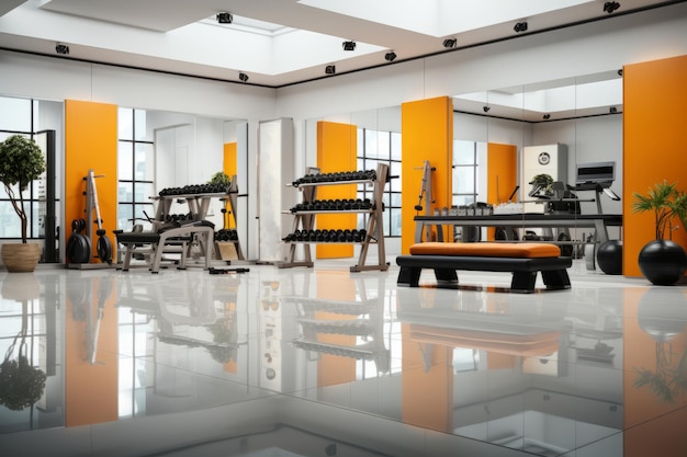 Photo modern fitness center with glossy gym equipment mirrored walls generative ai