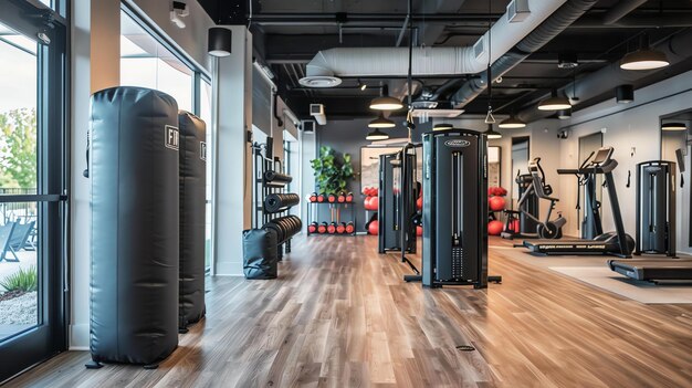 Photo a modern fitness center with various exercise equipment including punching bags a cable machine treadmills and a stationary bike