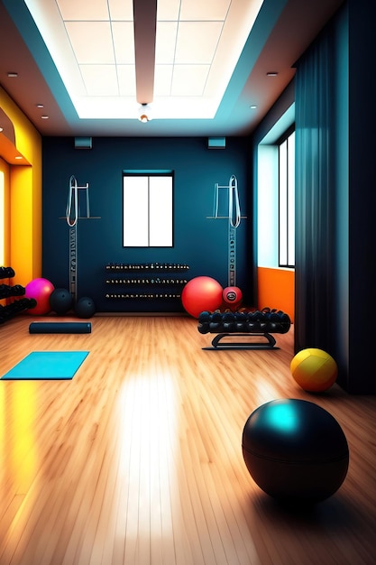 Modern fitness class interior with sport equipment