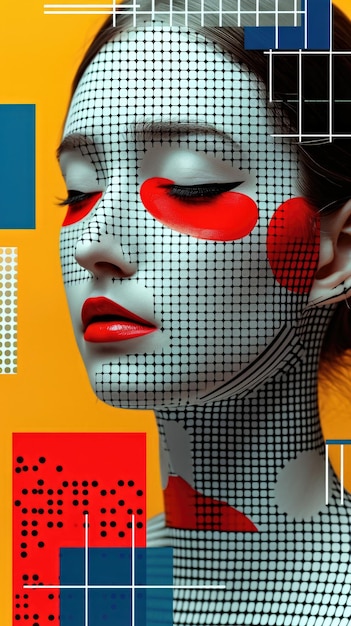 Modern flat collage assorted elements converge face mood abstract shapes vibrant color accents