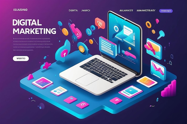Modern flat design isometric concept of Digital Marketing for banner and website Isometric landing page template Business analysis content strategy and management Vector illustration