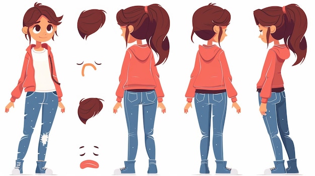 Photo modern flat illustration of body parts and head on white background showing a woman character animation in front side and back views