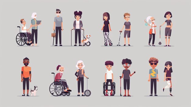 Modern flat illustration of diverse characters man in wheelchair blind with guide dog boy with crutches girl with prostheses