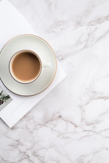 Foto un moderno piano di una tazza di caffè e un piatto con un giornale e un laptop su un marmo bianco