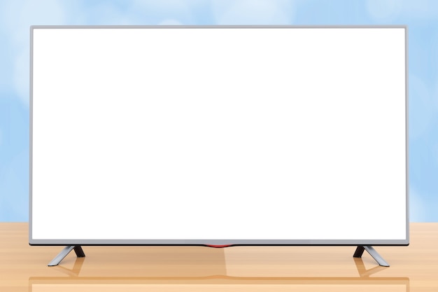 Modern Flat Led or Lcd TV on a wooden table. 3d Rendering.