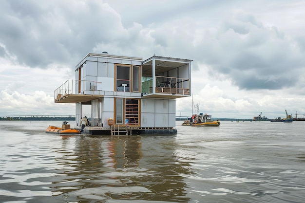 Photo modern floating homes designed to withstand floods showcasing resilient living on water with stylish