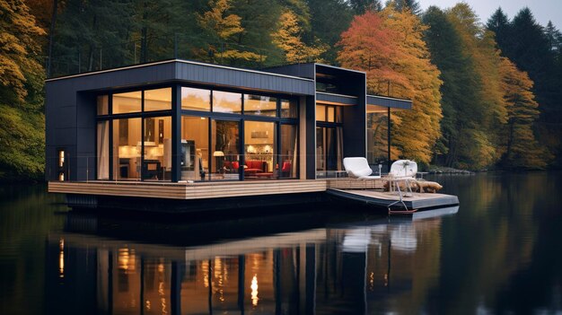 Photo modern floating house with illuminated interior on a tranquil lake at dusk