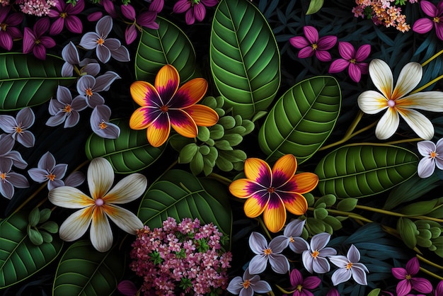 현대 꽃 열대 패턴 콜라주 현대적인 원활한 패턴 손으로 그린 만화 스타일 패턴 활기찬 생성 AI
