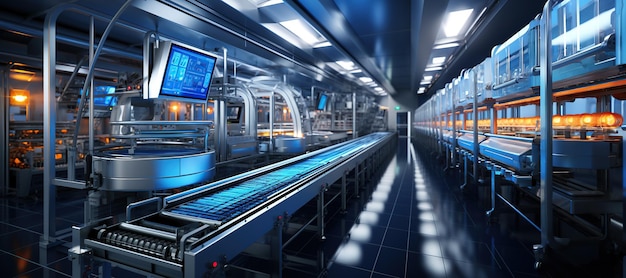 A modern food processing plant with conveyor belts and quality controlGenerated with AI