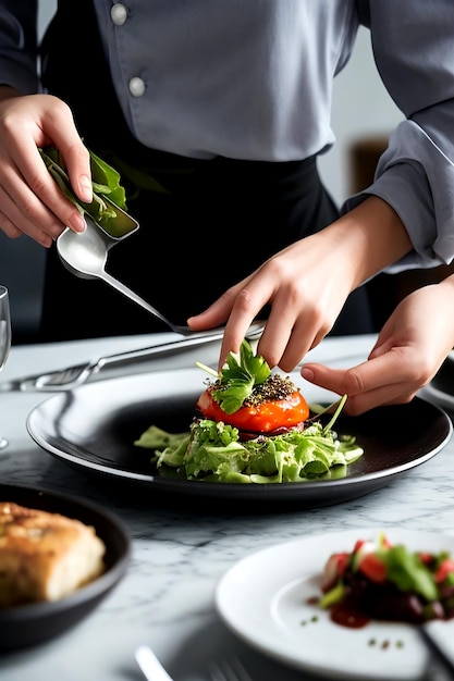 A modern food stylist carefully decorates a meal for presentation in a restaurant AIgenerated