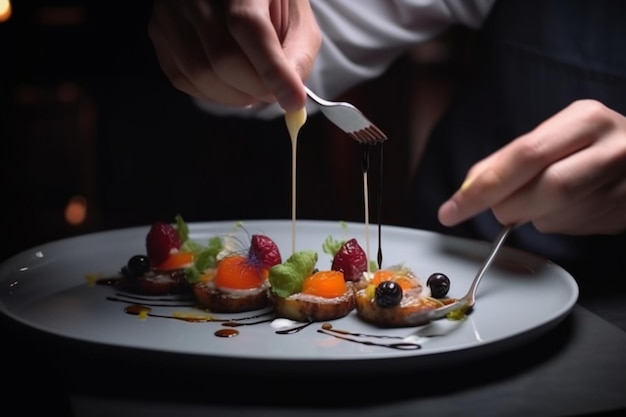 Современный фуд-стилист украшает еду для презентации в ресторане Крупный план еды стильный Ресторан