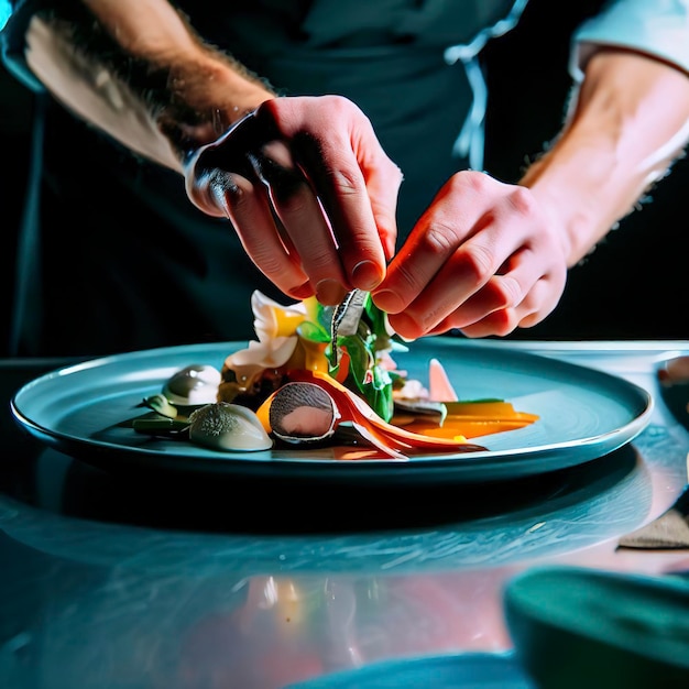 Modern food stylist decorating meal for presentation in restaurant Closeup of food stylish Restaurant serving