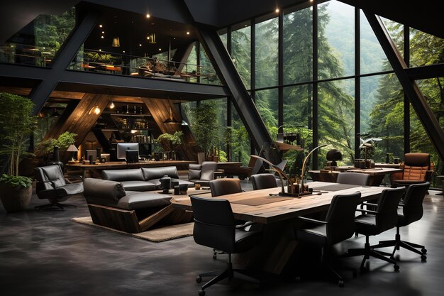 モダンな森の家 大きな窓 自然の景色 豪華なインテリア スタイリッシュな家具