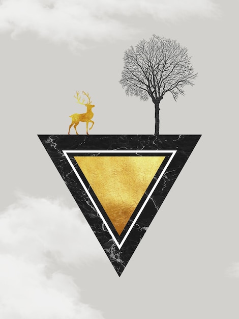 Modern frame wall decor. black and golden marbled triangles shapes, deers, and black trees