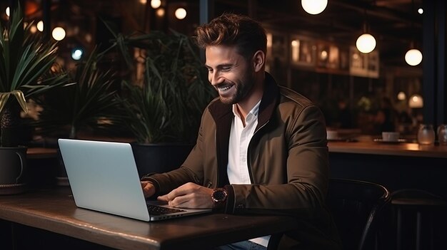 Современный фрилансер-европейский бизнесмен принимает стиль жизни цифрового кочевника в кафе