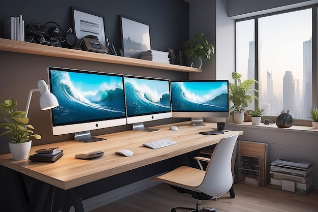 Foto un moderno ufficio per freelance o uomini d'affari pieno degli ultimi gadget tecnologici monitor