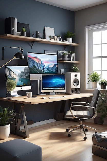 A modern freelancers or businessman office roomfilled with the latest technology gadgets Monitor