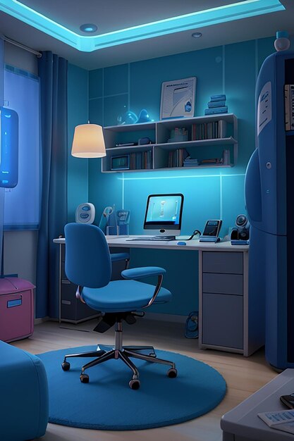 Современная комната для фрилансеров, наполненная новейшими технологическими гаджетами, освещенная мягким голубым светом.