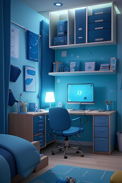 A modern freelancers room filled with the latest technology gadgets illuminated by soft blue light