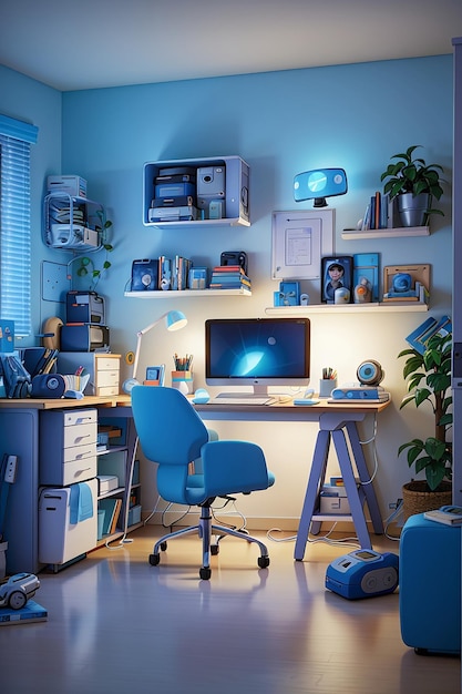 A modern freelancers room filled with the latest technology gadgets illuminated by soft blue light