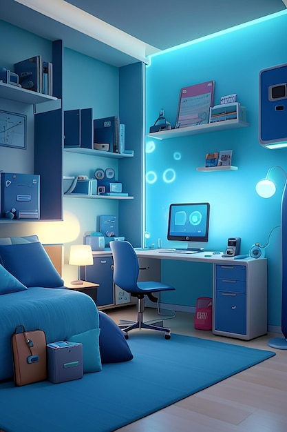 Современная комната для фрилансеров, наполненная новейшими технологическими гаджетами, освещенная мягким голубым светом.