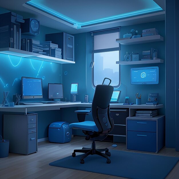 A modern freelancers room filled with the latest technology gadgets illuminated by soft blue light