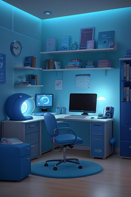 A modern freelancers room filled with the latest technology gadgets illuminated by soft blue light