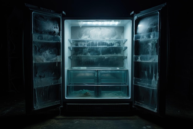 Фото Современный просторный и пустой интерьер холодильника со светодиодным освещением.