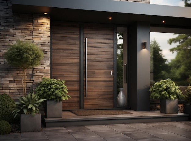 Photo modern front door with wood floor and potted plants