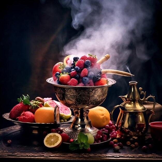 Modern fruit Hookah bowl with orange and a lot of fresh fruits with kaloud with smoke