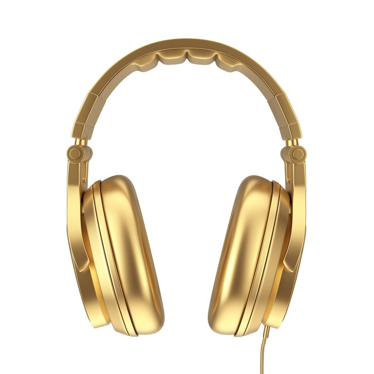 Photo modern fun teenager golden headphones on a white background. 3d rendering