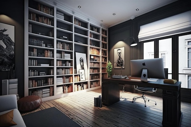 Modern and functional office with bookshelves as the focal point created with generative ai