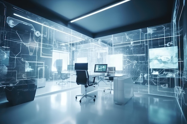Modern furnished blurred office interior background with hologram technology AI generated