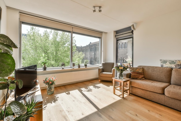 Modern furnished living room with kitchen