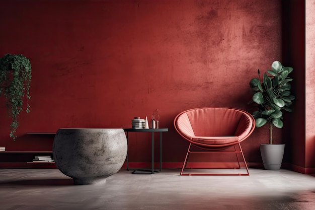 Modern furniture a red concrete wall and a simple interior design