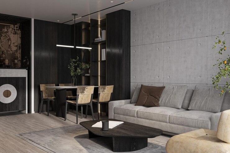 Photo modern furnitures in a stage set living room cum dining area of a modern house