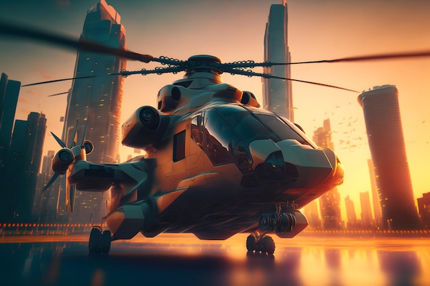 Modern futuristic army helicopter transport in city center Neural network generated art