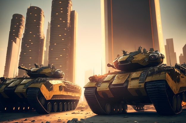 Современный футуристический боевой танк с башней и пушкой в центре города, созданный нейронной сетью