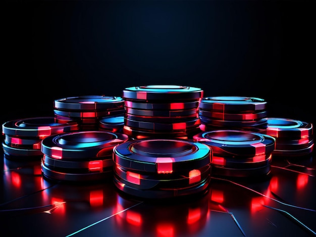 黒い背景の赤と青のネオンライトで輝く現代的な未来的な黒のギャンブルチップ